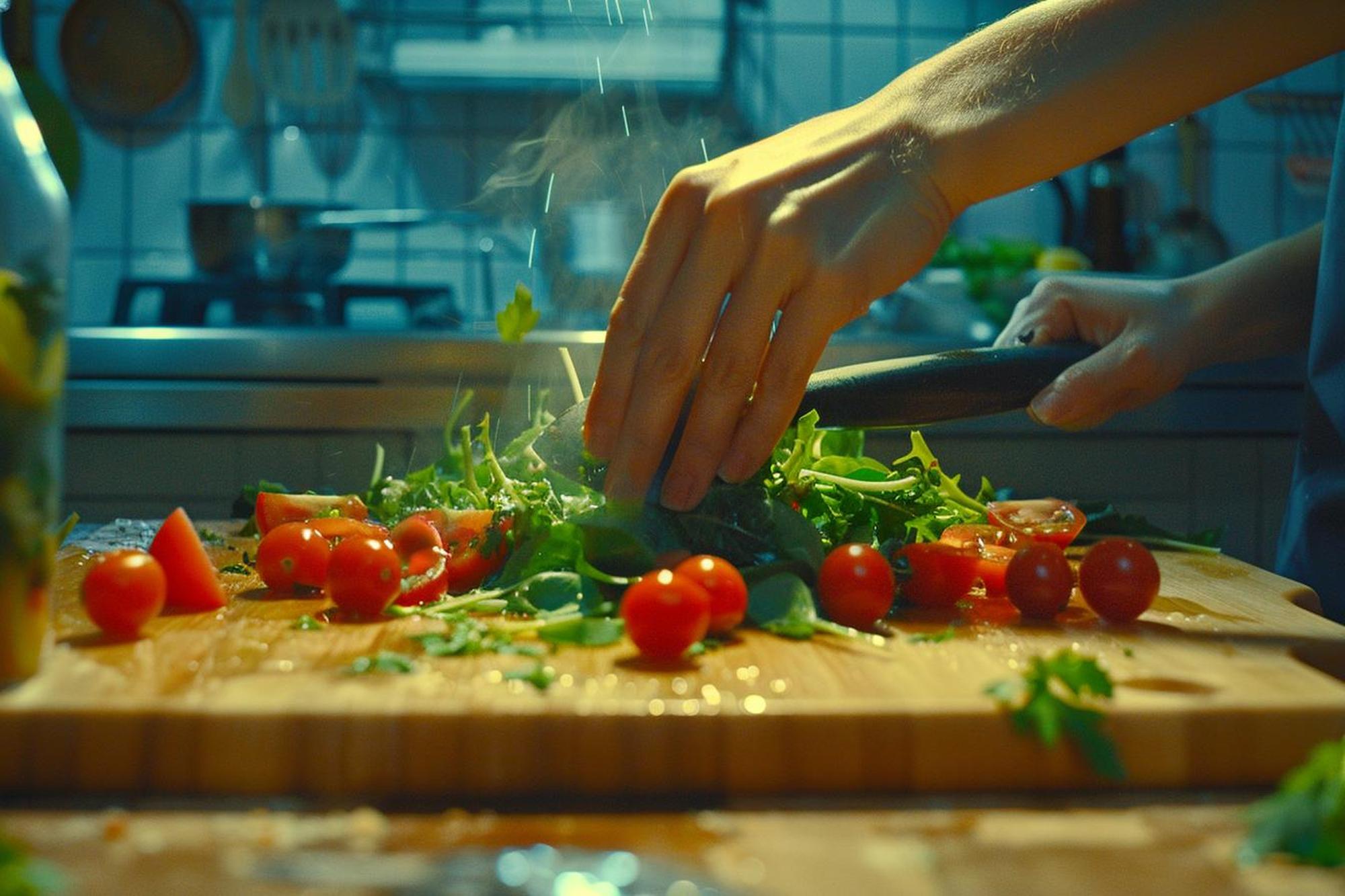 Detalle de manos cortando ingredientes frescos