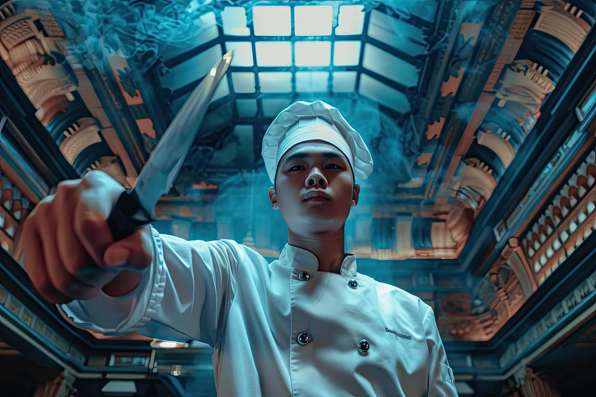 Chef preparando un plato moderno en estudio tecnológico